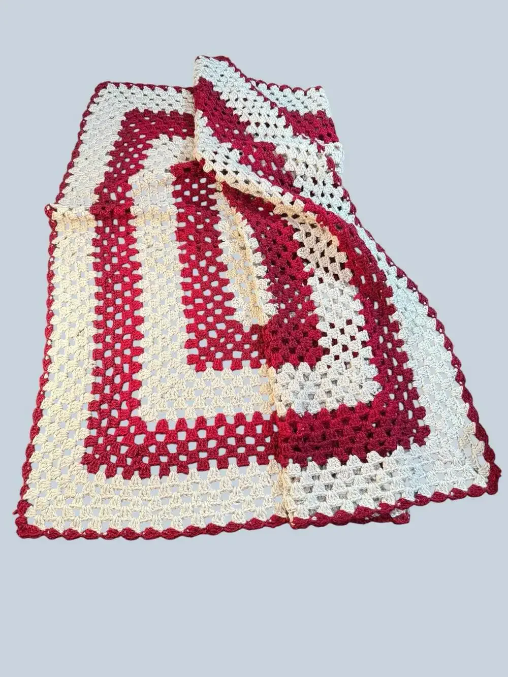 Vintage Maroon and Cream Granny Square Crochet Afghan Throw Blanket